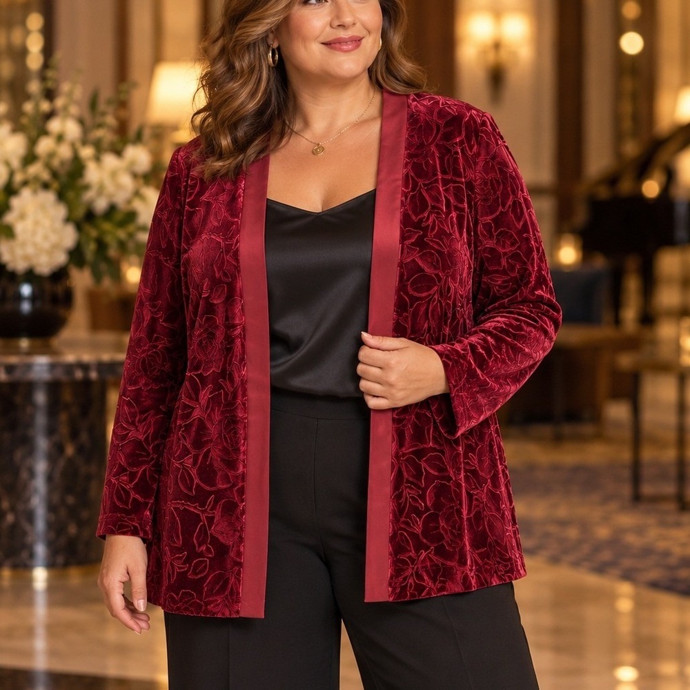 R&M Richards Women's 18 Burgundy Floral Burnout Velvet Evening Jacket Cardigan
